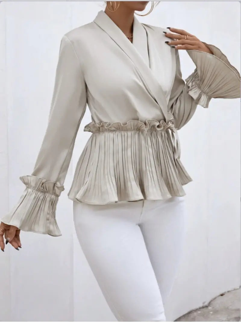 Esther - Elegante top a maniche lunghe con scollo a V e dettaglio plissettato