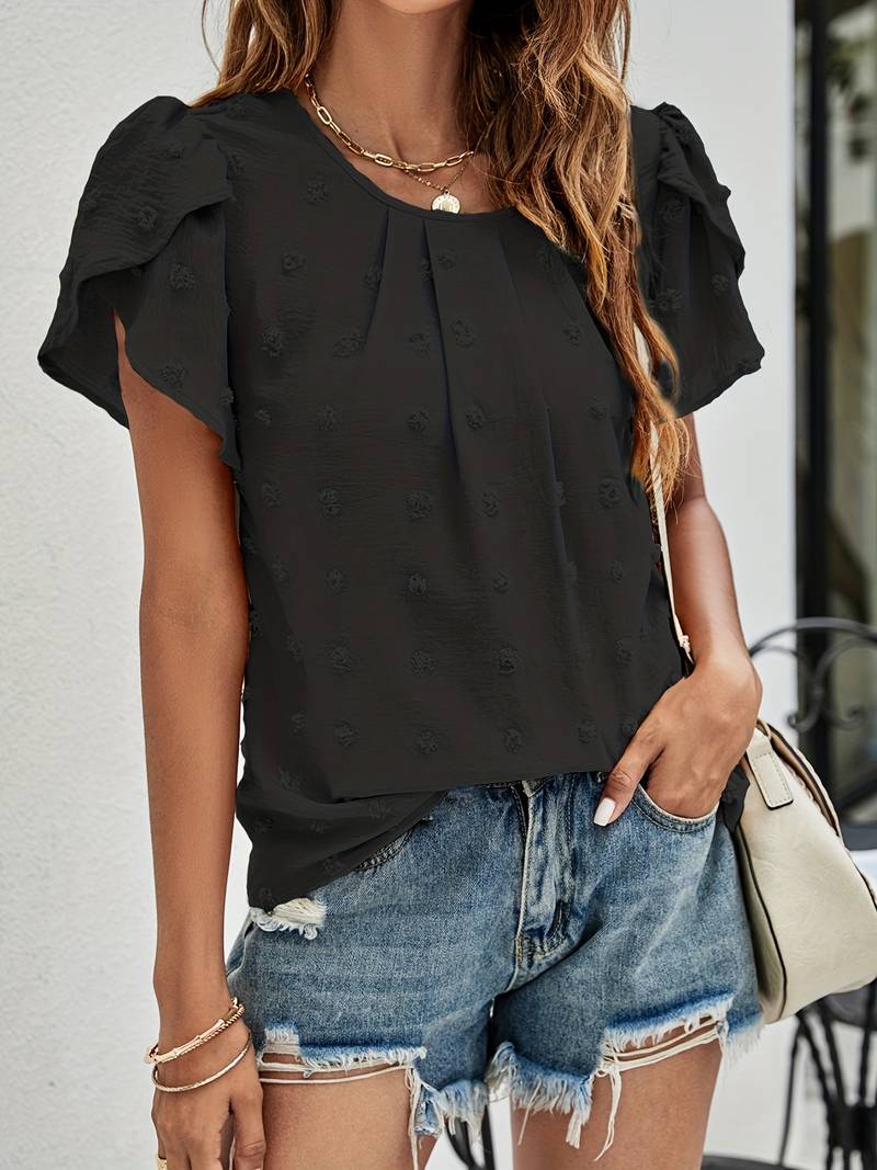 Katerina - Elegante Blusa con Collo Rotondo e Maniche a Petalo in Tessuto Swiss Dot
