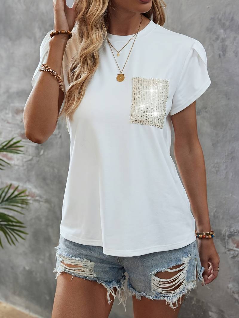 Shane - Top chic con maniche a petalo e taschino con paillettes