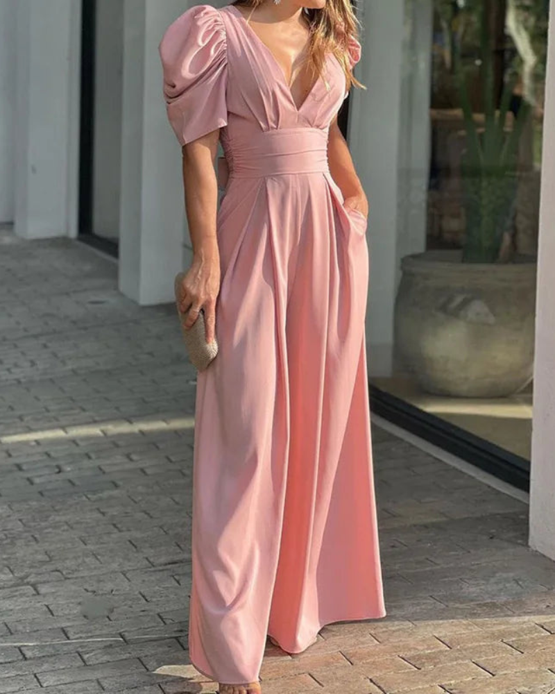 Fenella - Elegante Tuta Fluida con Maniche Corte e Scollatura a V Profonda