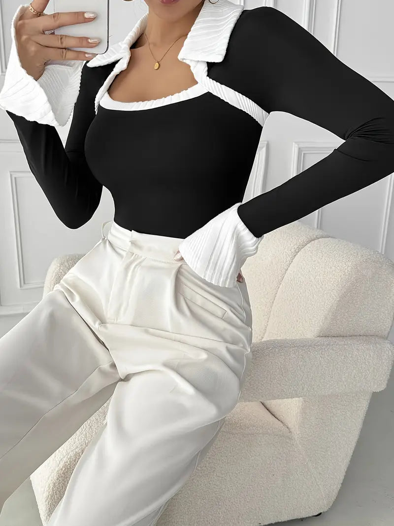 Greta - Top da donna a contrasto con colletto