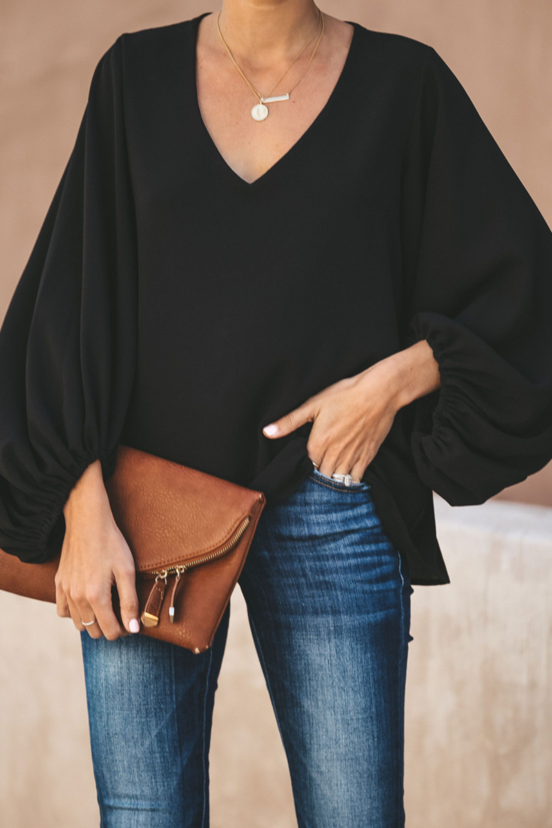 Kate - Camicetta casual ampia a maniche lunghe con scollo a V