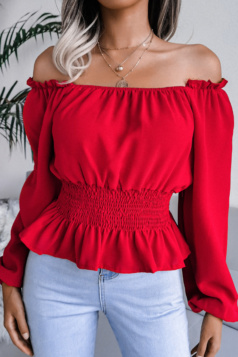 Landra - Blusa elegante off-shoulder con maniche lunghe e orlo a volant