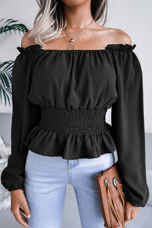 Landra - Blusa elegante off-shoulder con maniche lunghe e orlo a volant