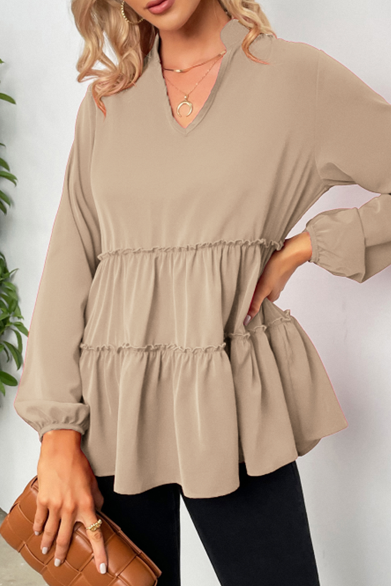 Zelenia - Blusa fluida con scollatura a V e maniche lunghe con volant