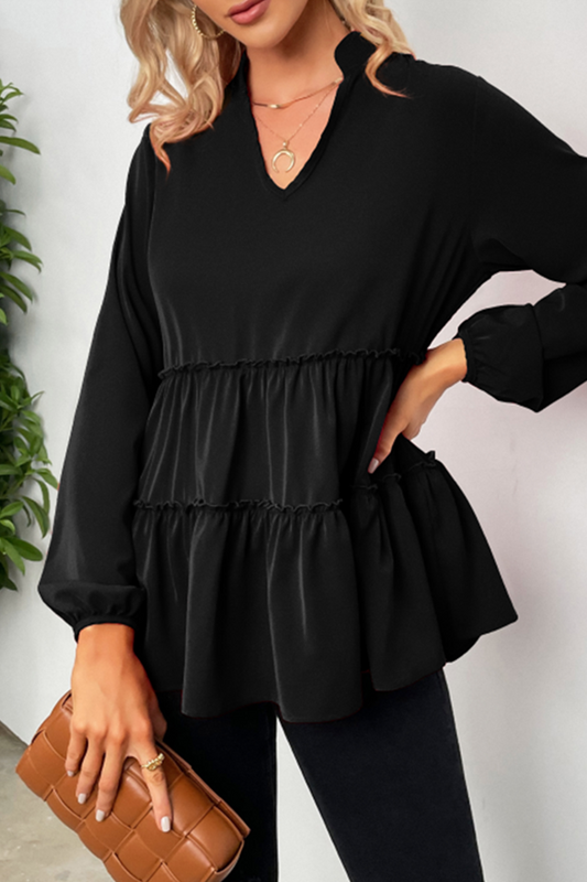 Zelenia - Blusa fluida con scollatura a V e maniche lunghe con volant