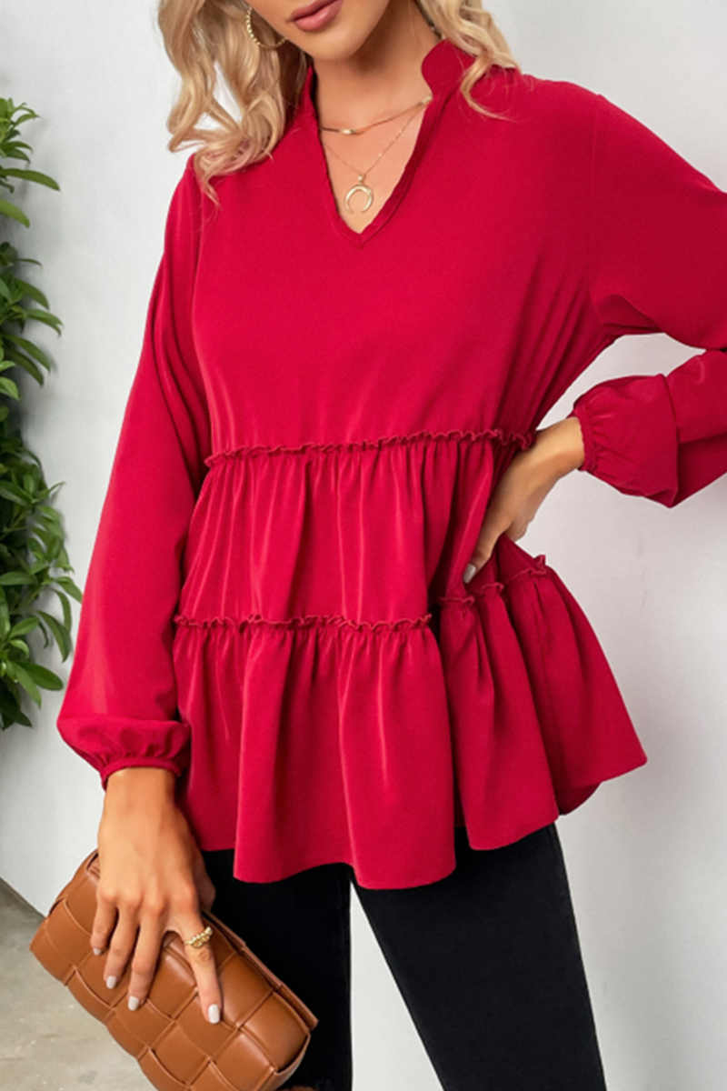 Zelenia - Blusa fluida con scollatura a V e maniche lunghe con volant