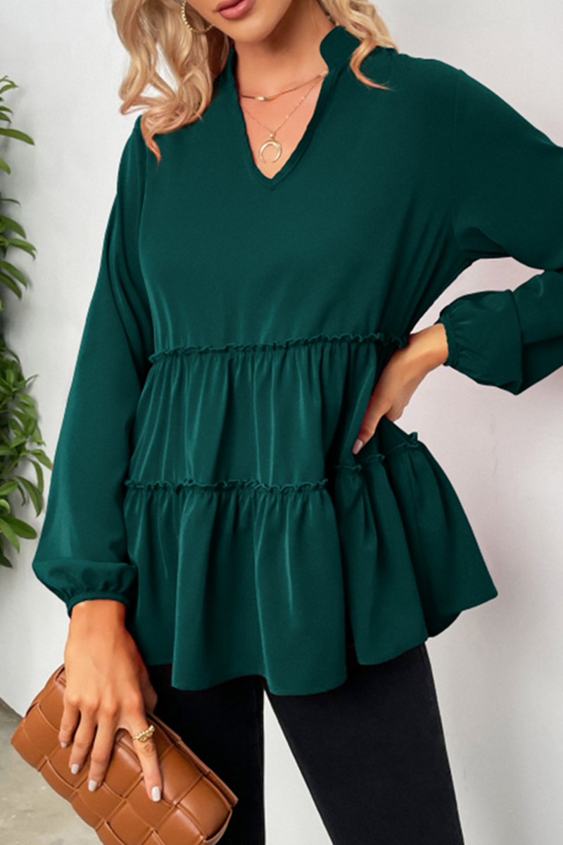 Zelenia - Blusa fluida con scollatura a V e maniche lunghe con volant