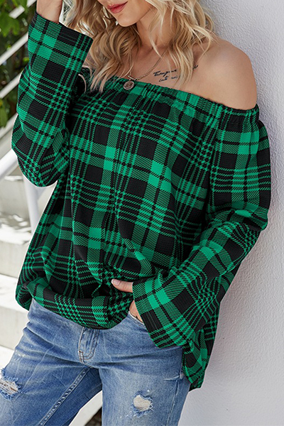 Blaire - Blusa casual a quadri con spalle scoperte e taglio ampio