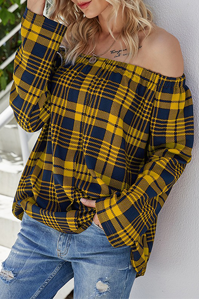 Blaire - Blusa casual a quadri con spalle scoperte e taglio ampio