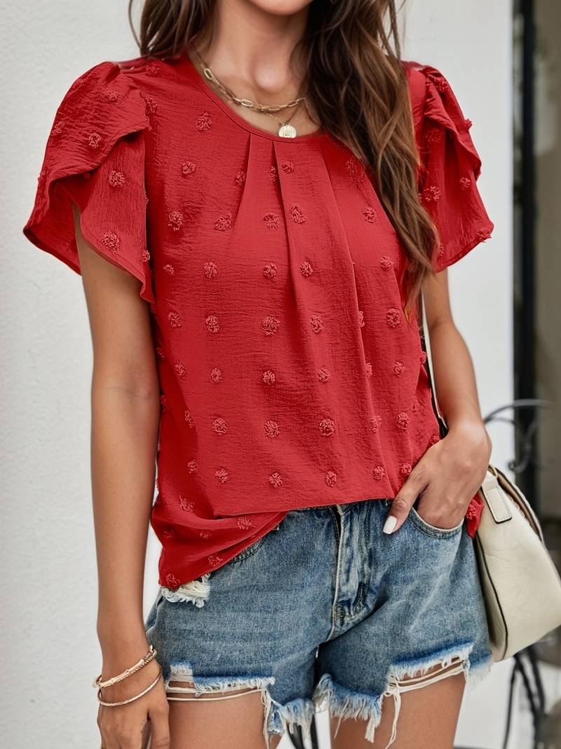 Katerina - Elegante Blusa con Collo Rotondo e Maniche a Petalo in Tessuto Swiss Dot