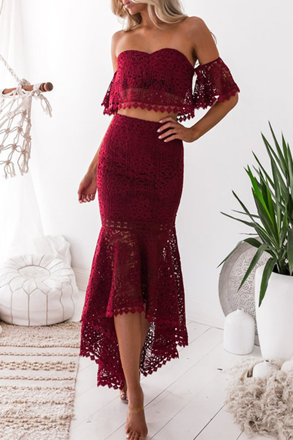 Gayle - Elegante completo con top corto a spalle scoperte e gonna in pizzo