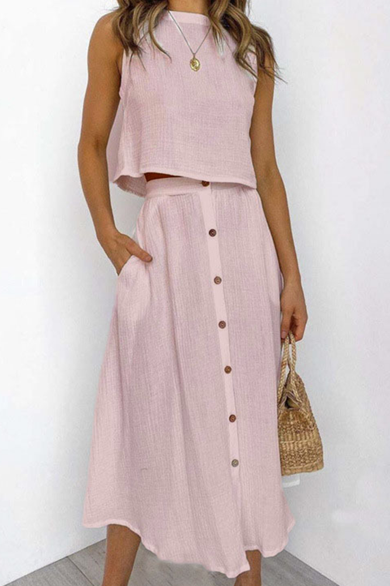 Evangeline -Top elegante senza maniche e gonna midi a vita alta con bottoni