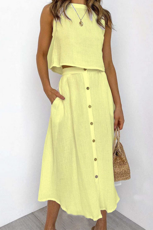 Evangeline -Top elegante senza maniche e gonna midi a vita alta con bottoni