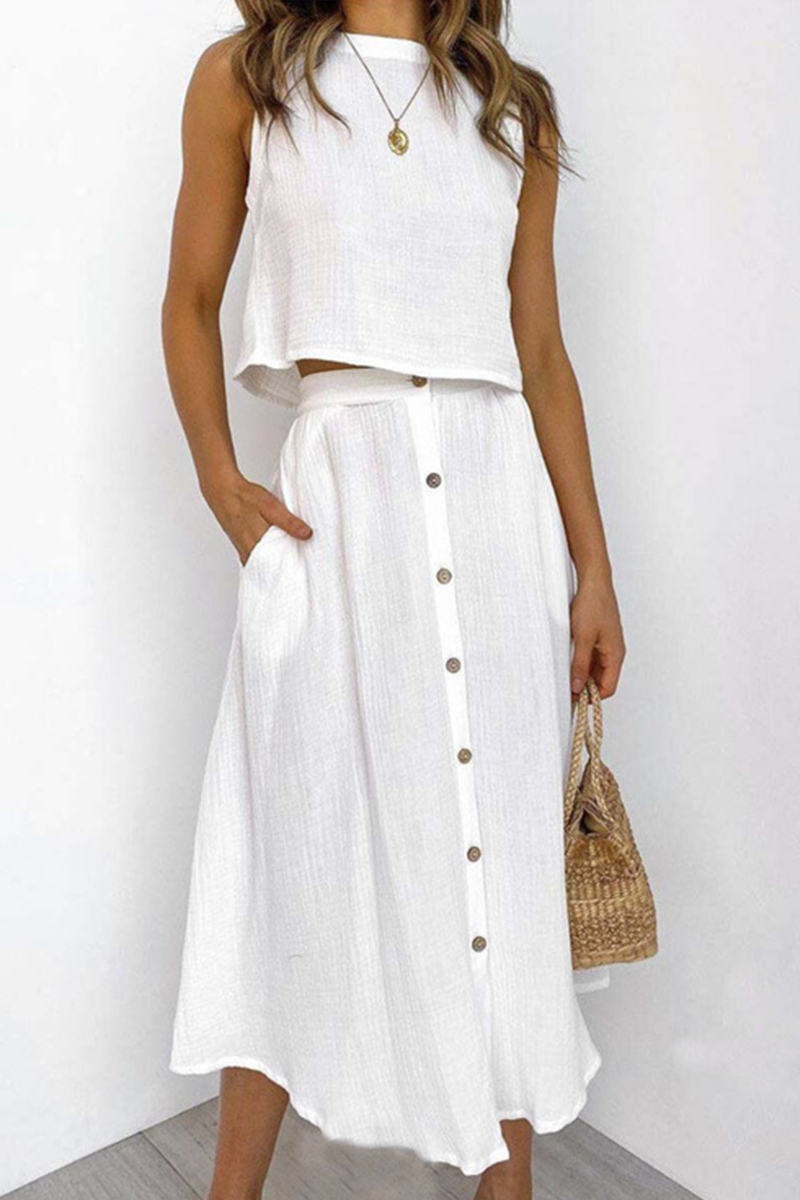 Evangeline -Top elegante senza maniche e gonna midi a vita alta con bottoni
