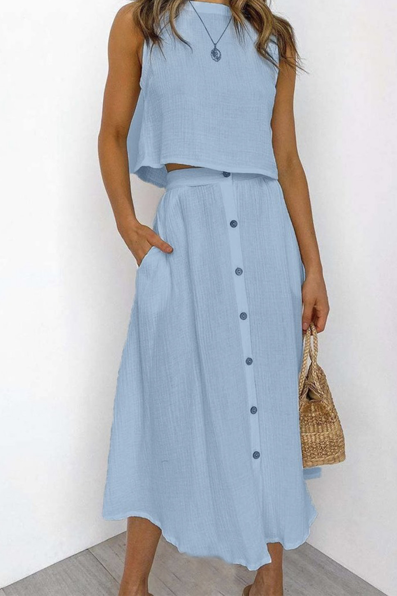 Evangeline -Top elegante senza maniche e gonna midi a vita alta con bottoni