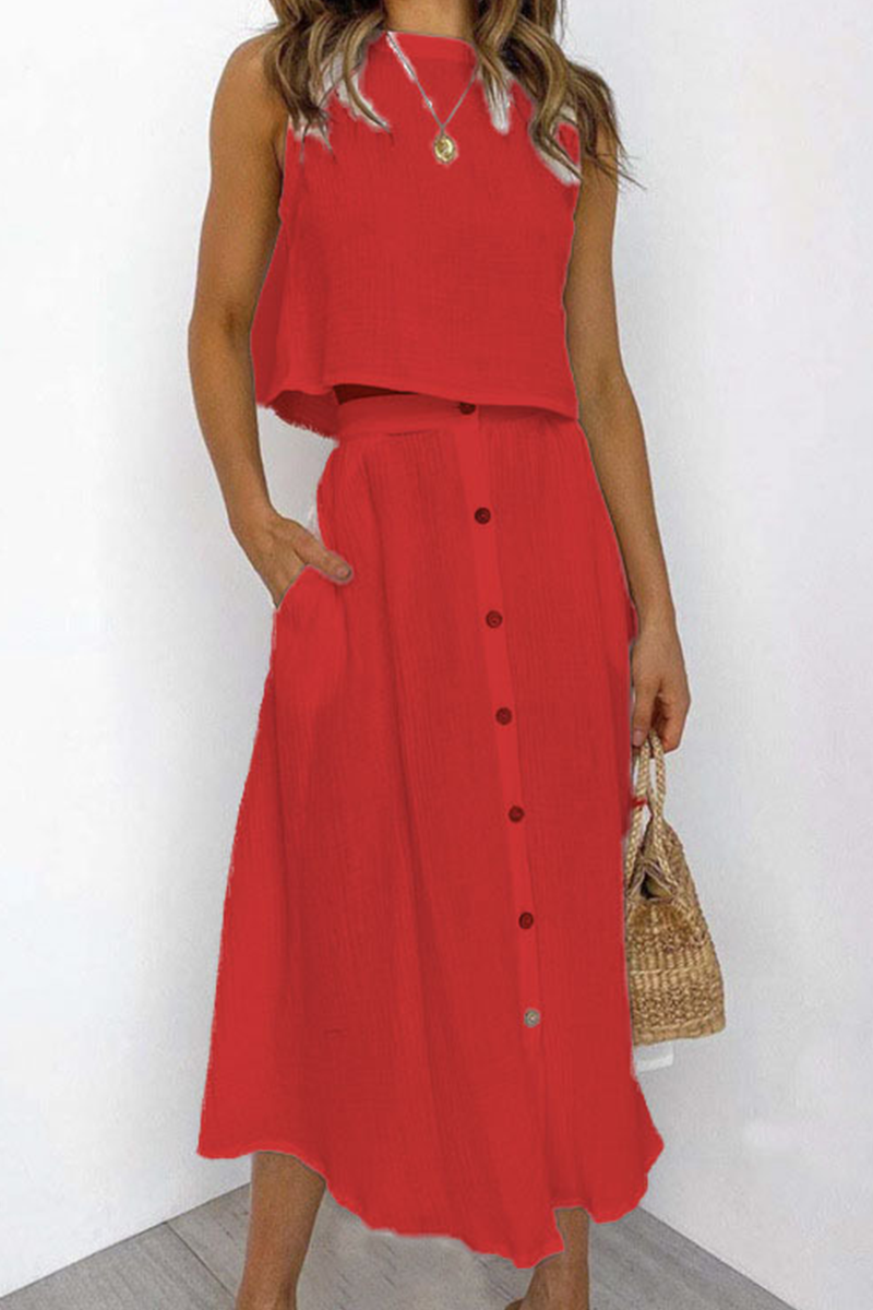 Evangeline -Top elegante senza maniche e gonna midi a vita alta con bottoni