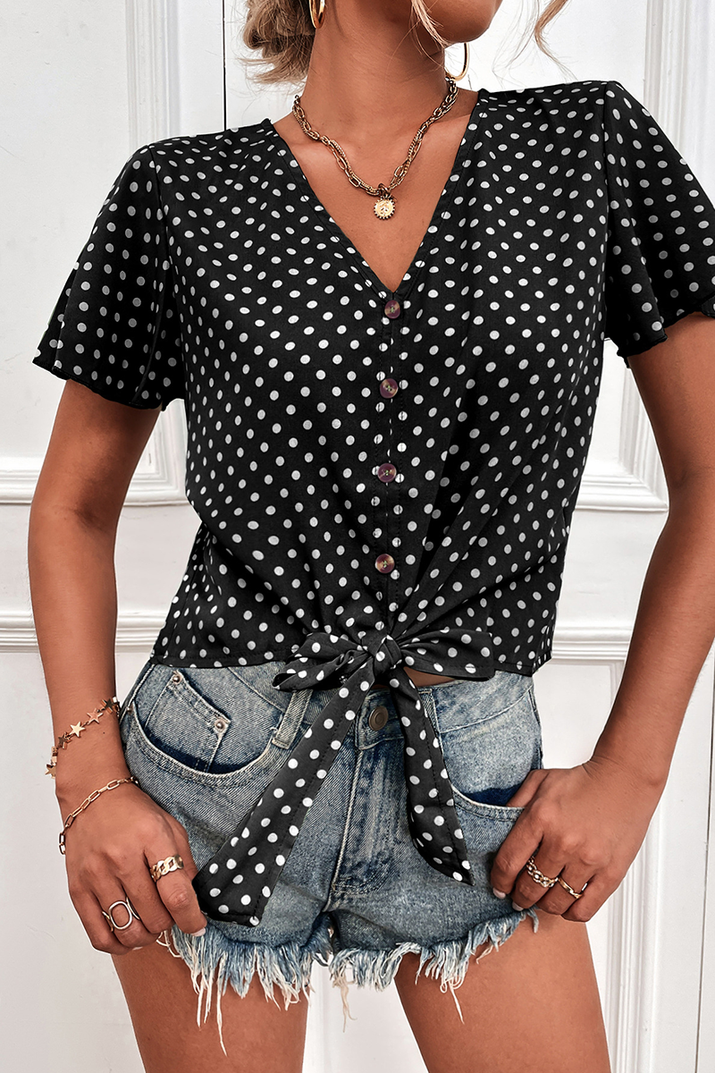 Raina - Blusa con scollo a V in pizzo e pois