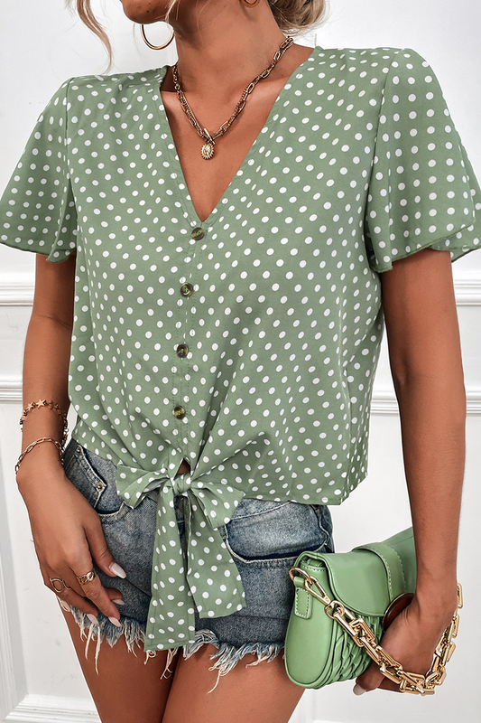 Raina - Blusa con scollo a V in pizzo e pois
