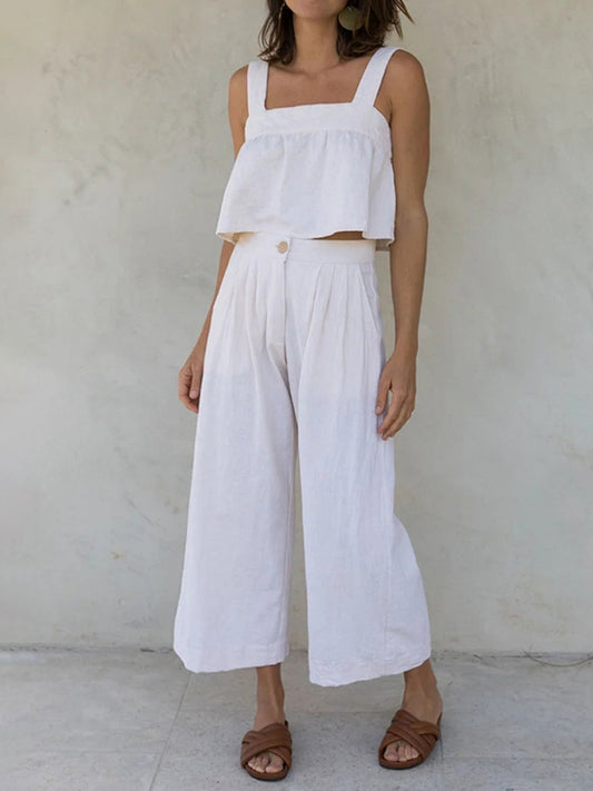 Meilin - Elegante completo con top corto a scollo quadrato e spalline larghe e pantaloni