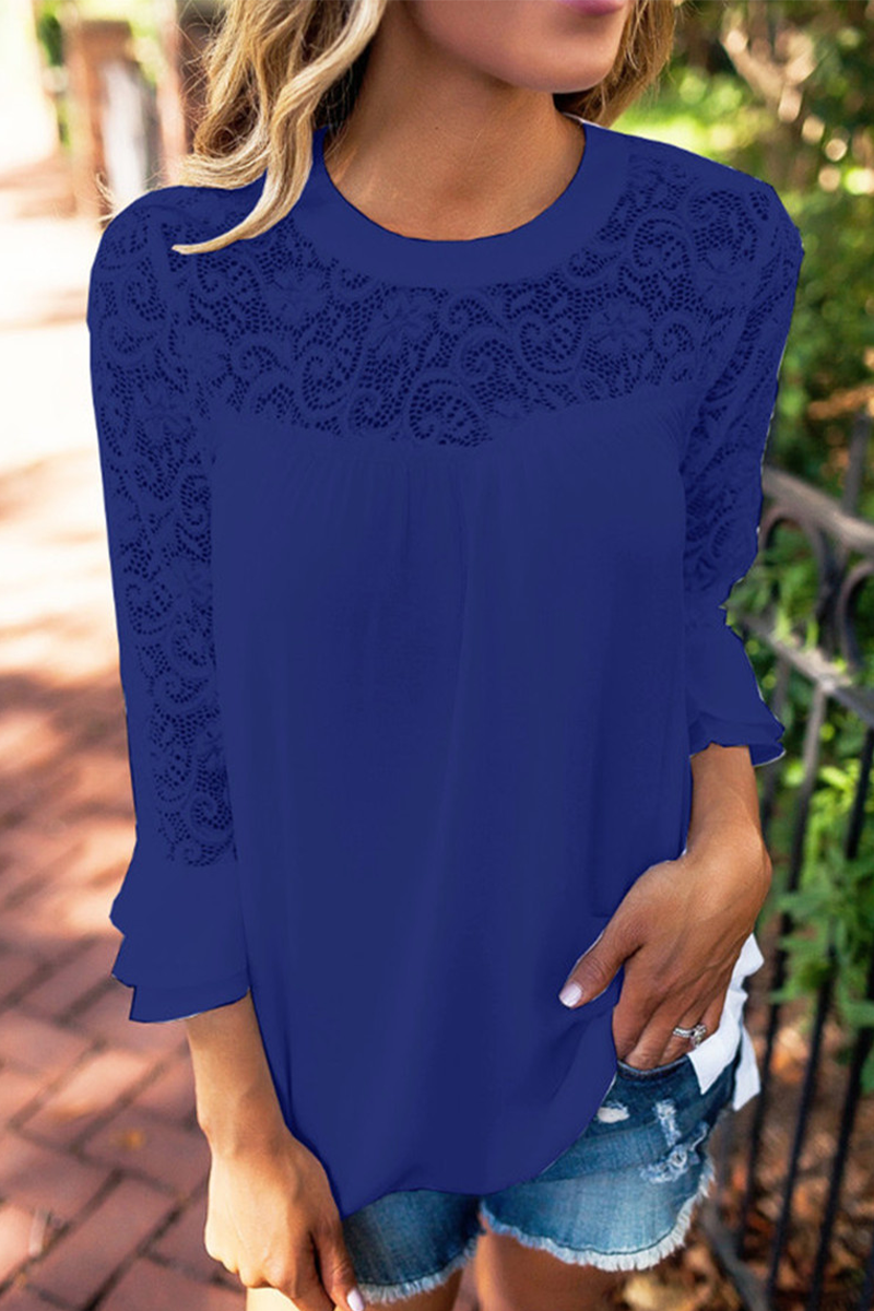 Belle - Blusa casual in pizzo con girocollo
