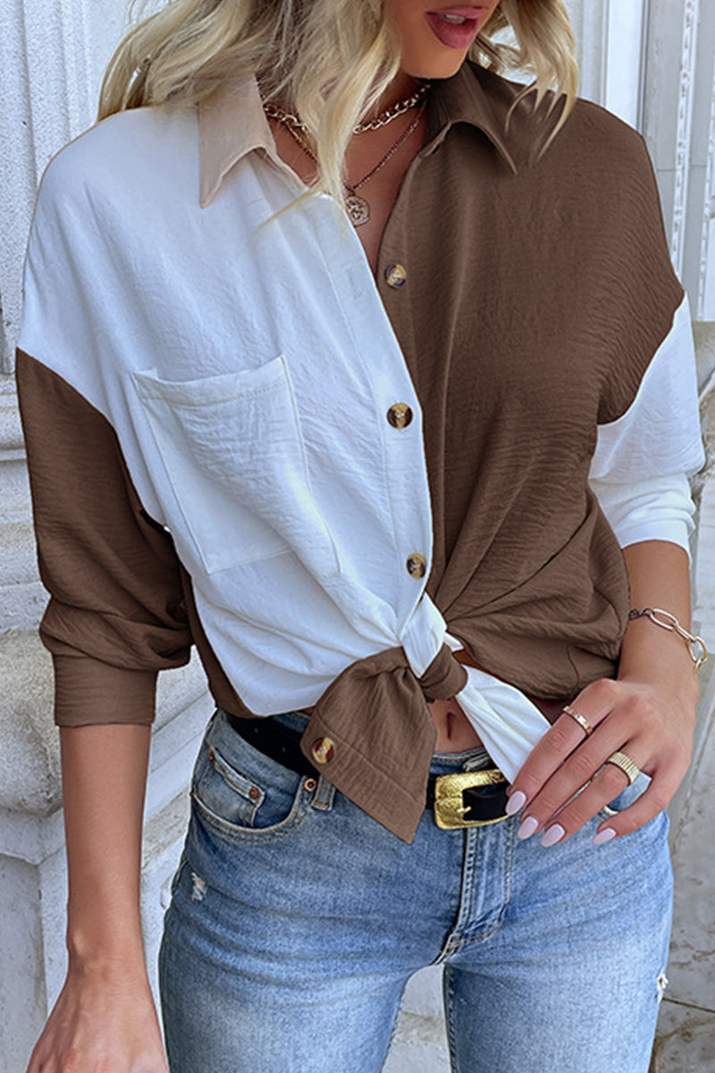 Yvonne - Elegante camicetta con colletto alto e patchwork a blocchi di colore