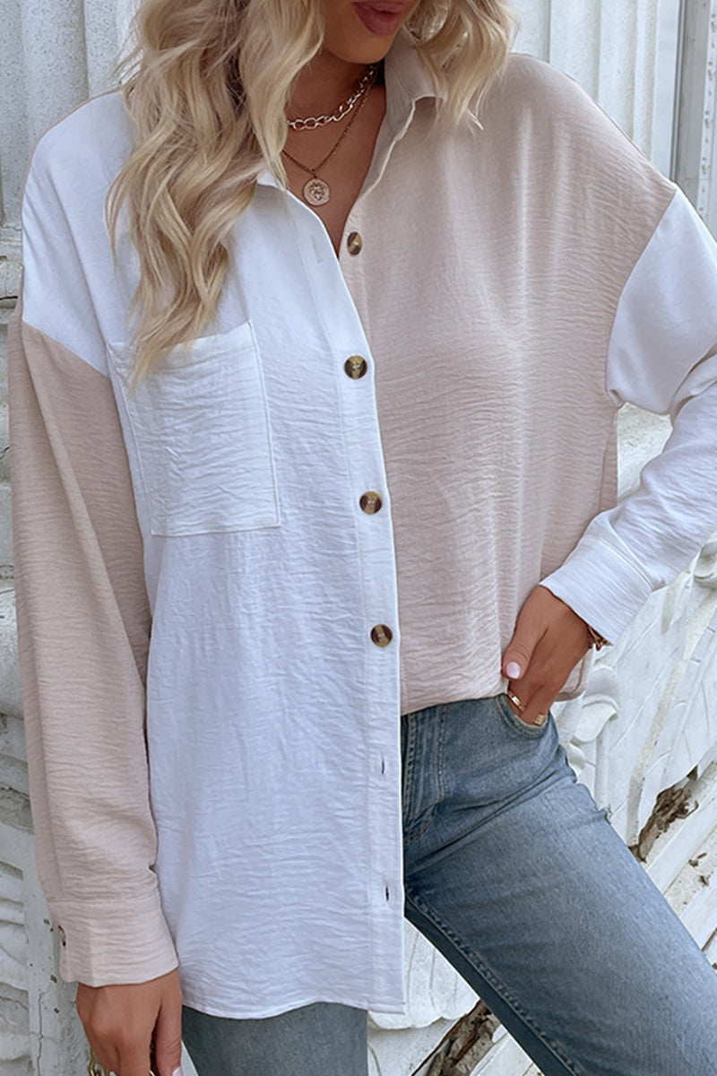Yvonne - Elegante camicetta con colletto alto e patchwork a blocchi di colore