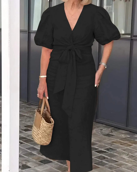 Narelle - Abito casual elegante con scollo a V e maniche a sbuffo