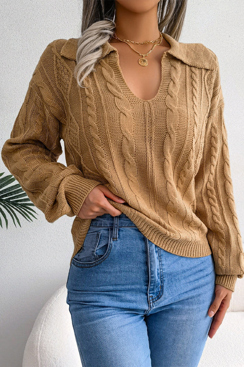 Zoe - Blusa elegante in maglia a maniche lunghe con scollo a U e colletto alto