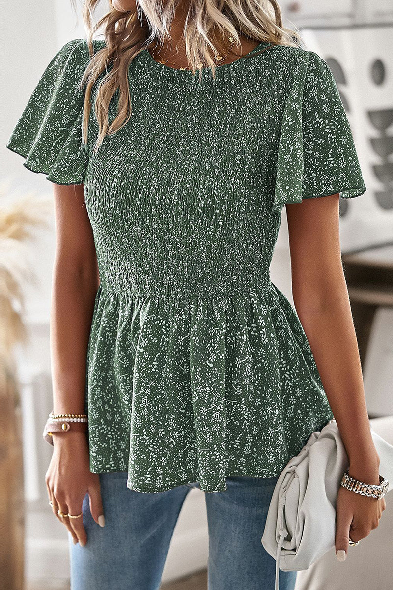 Louisa - Elegante blusa floreale a maniche corte con orlo a balze