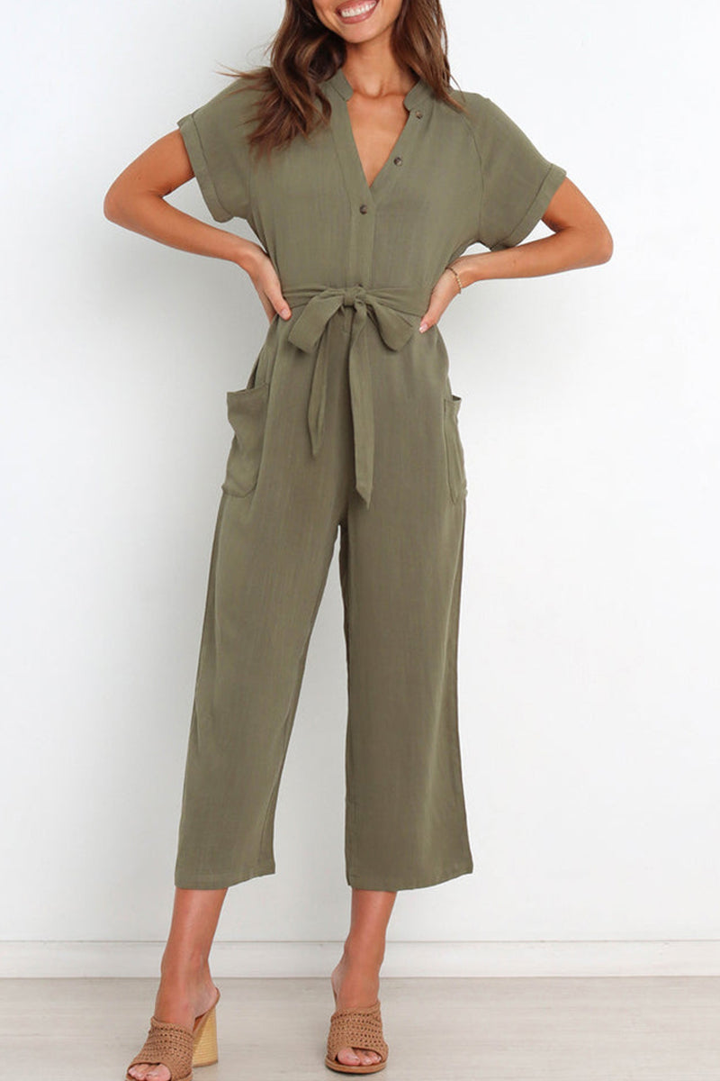 Yasley - Elegante Tuta Abbottonata a Maniche Corte con Scollo a V e Cintura