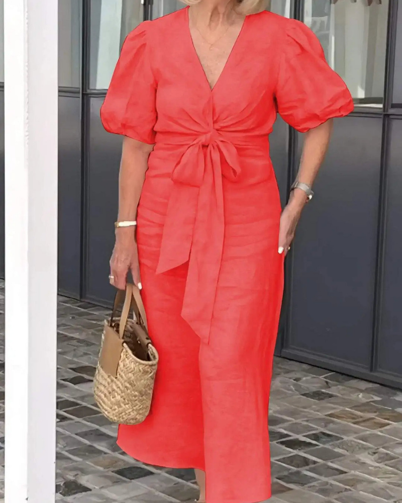 Narelle - Abito casual elegante con scollo a V e maniche a sbuffo