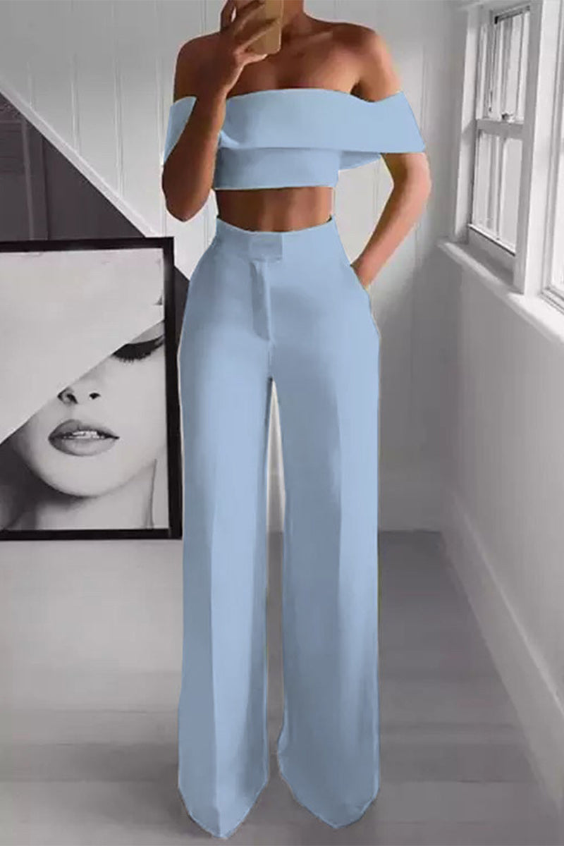 Sofia - Elegante completo con crop top a spalle scoperte e pantaloni a vita alta