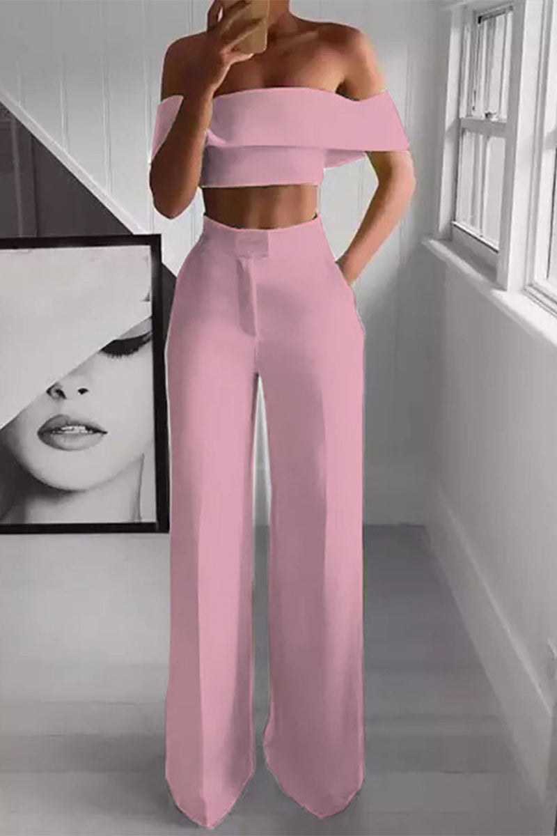 Sofia - Elegante completo con crop top a spalle scoperte e pantaloni a vita alta