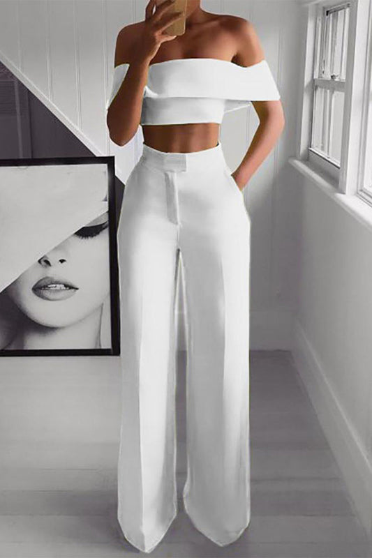 Sofia - Elegante completo con crop top a spalle scoperte e pantaloni a vita alta