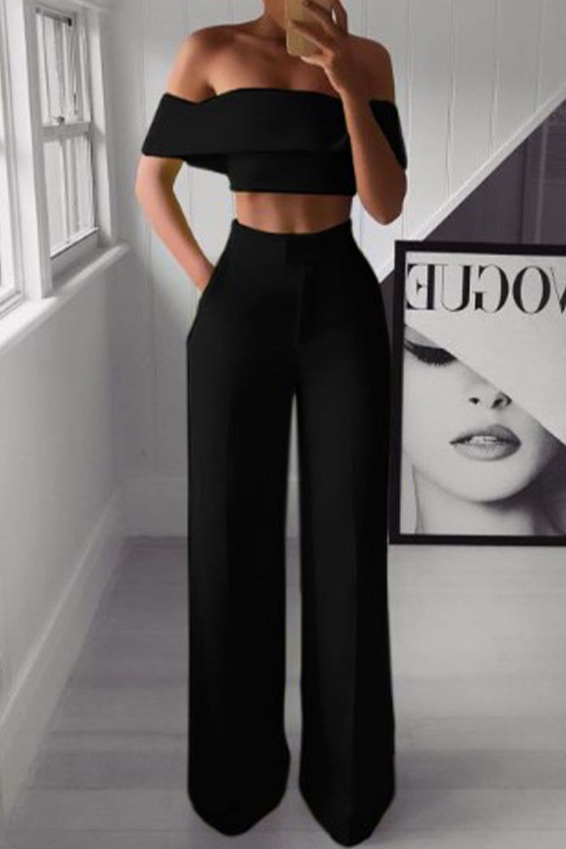 Sofia - Elegante completo con crop top a spalle scoperte e pantaloni a vita alta