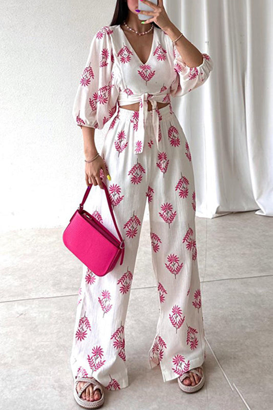 Lorraine - Elegante completo casual con blusa stampata a mezza manica e pantaloni a gamba larga