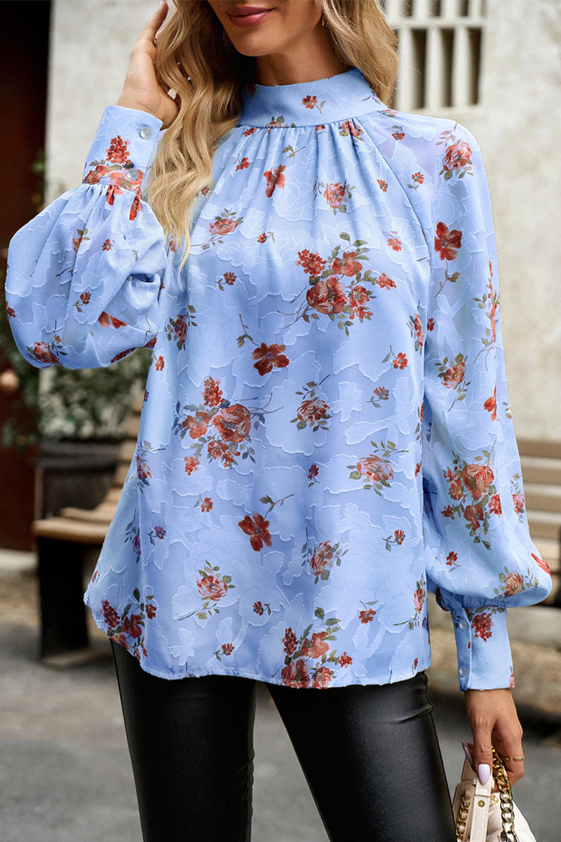 Gloria - Elegante blusa floreale con collo alto e maniche lunghe