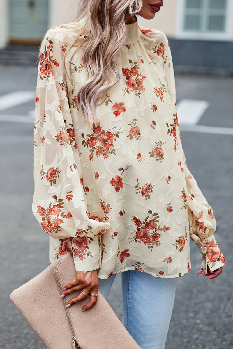Gloria - Elegante blusa floreale con collo alto e maniche lunghe