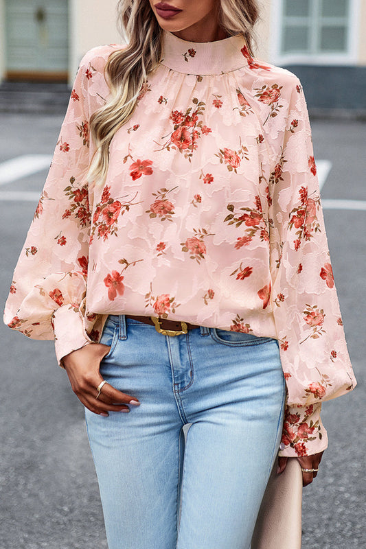 Gloria - Elegante blusa floreale con collo alto e maniche lunghe