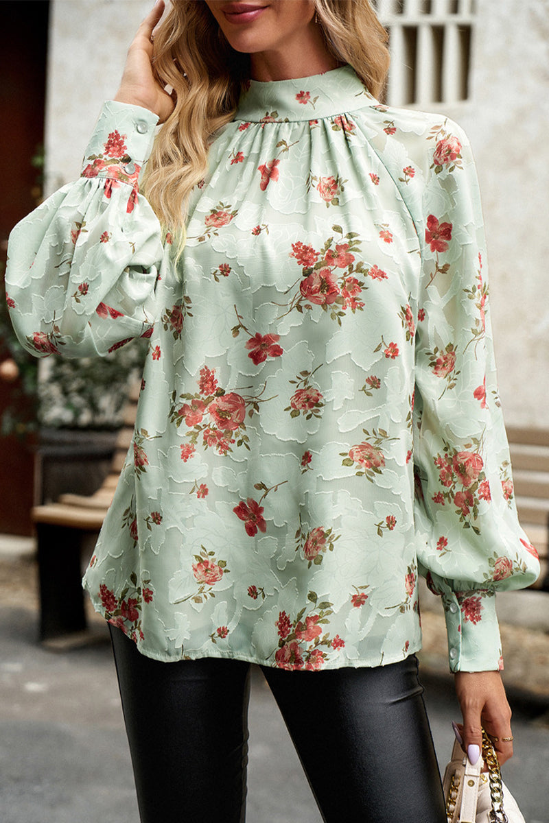 Gloria - Elegante blusa floreale con collo alto e maniche lunghe