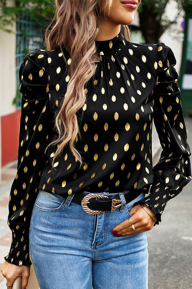 Deborah - Elegante blusa a pois con collo alto e maniche lunghe