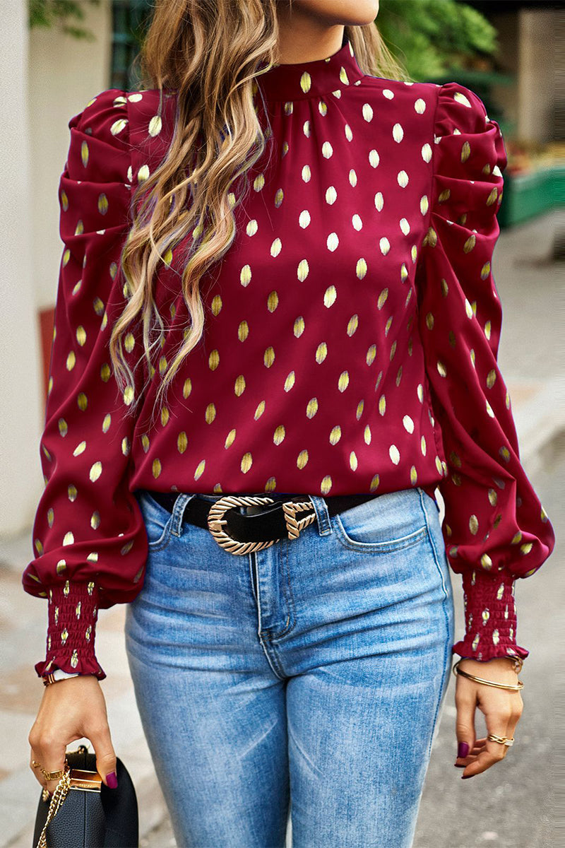 Deborah - Elegante blusa a pois con collo alto e maniche lunghe