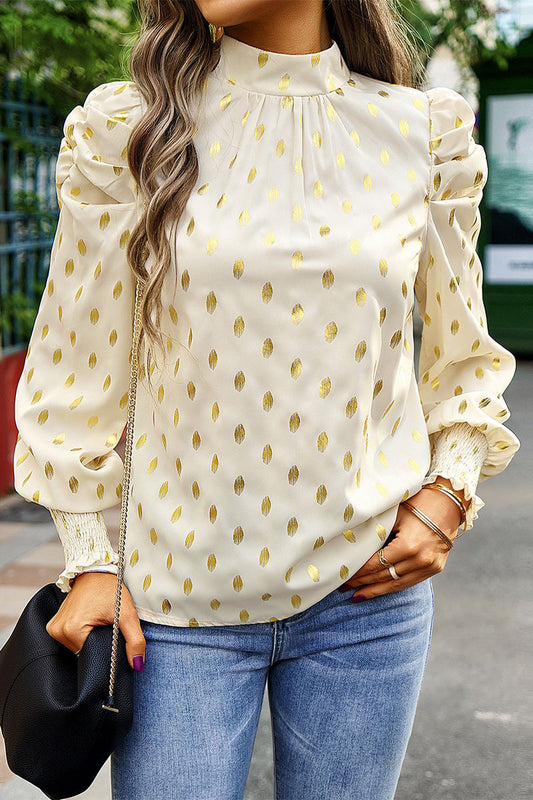 Deborah - Elegante blusa a pois con collo alto e maniche lunghe