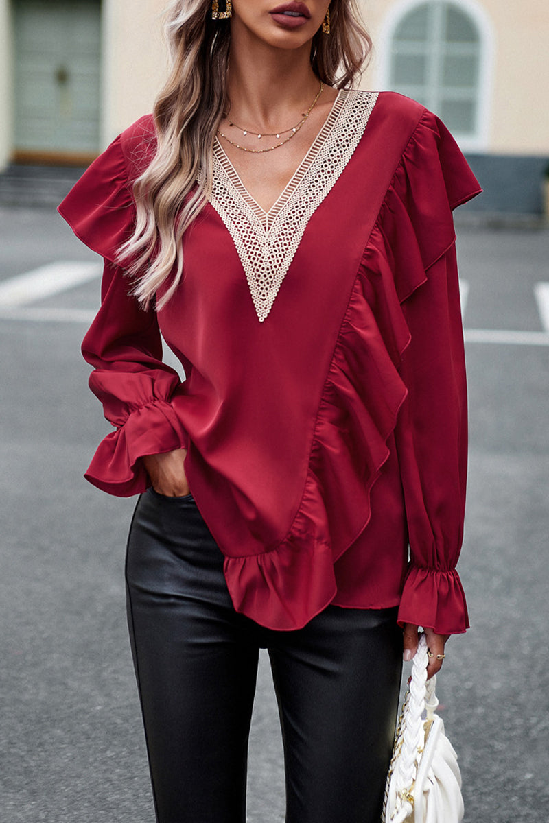 Jen - Elegante blusa con scollo a V e maniche a volant