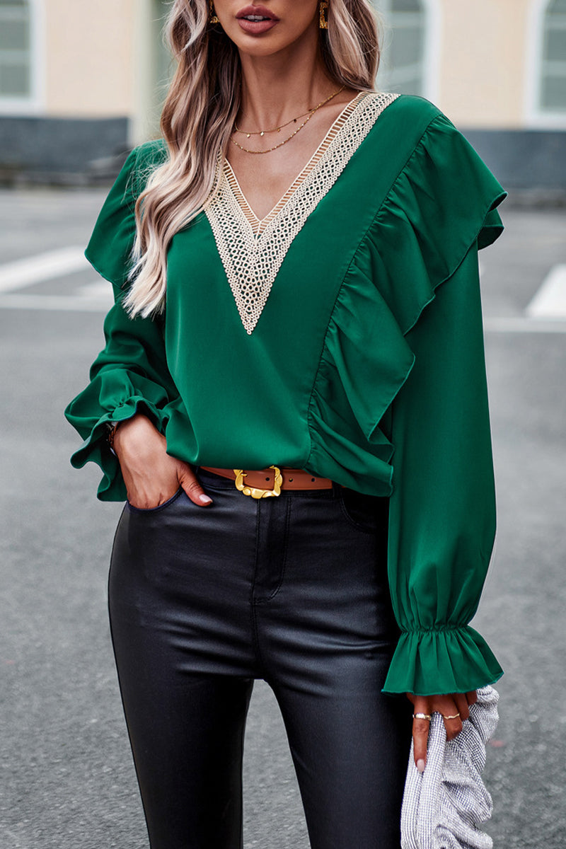 Jen - Elegante blusa con scollo a V e maniche a volant