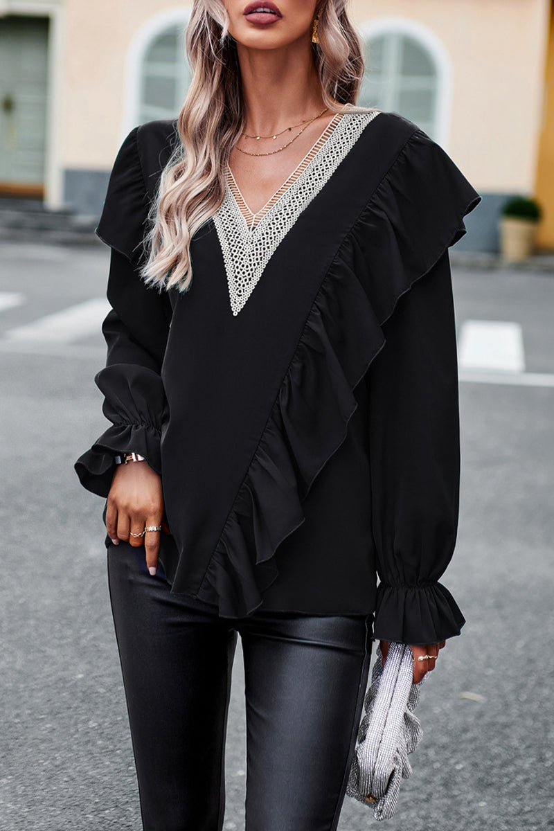 Jen - Elegante blusa con scollo a V e maniche a volant