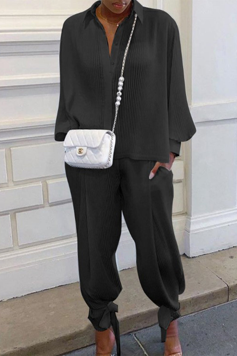 Wendy - Elegante completo con polo a costine a maniche lunghe e pantaloni