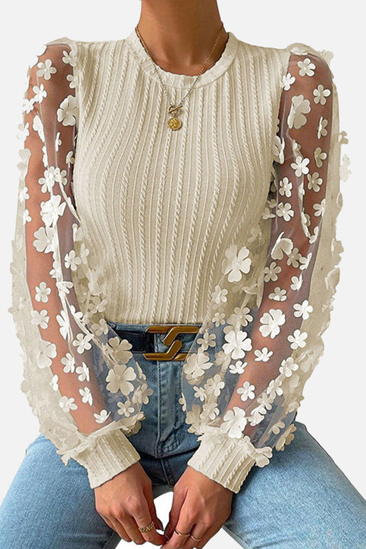 Joanna - Blusa chic in pizzo floreale con maniche lunghe