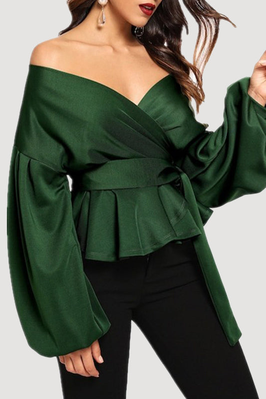 Camellia - Blusa elegante con spalle scoperte, scollo a V, maniche lunghe e vita stretta